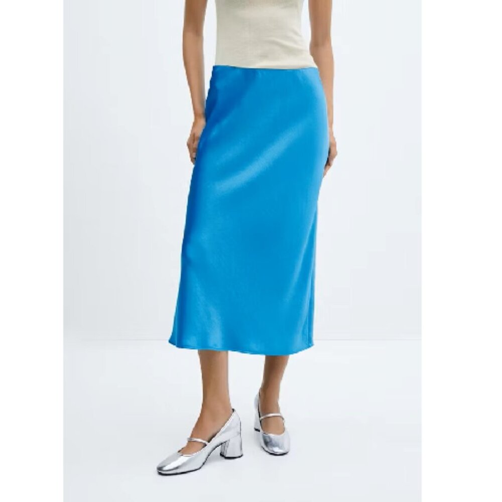 Mango MNG NWT Satin Midi Skirt Turquoise Blue Party Spring Summer Sz XL Chic